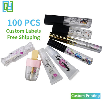 Free Shipping Custom Logo Print Lip Gloss Stickers Waterproof Beauty Make Up Clear Transparent Lipstick Tube Cosmetics Labels